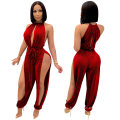 2021 Trending Stylish Cotton Blend Clubwear Sexy Hollow out High Split Haltered Jumpsuit